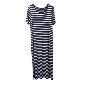 T Tahari Maxi Dress, Blue and White, Size L, Size Slits, Ribbed, Short Sleeve